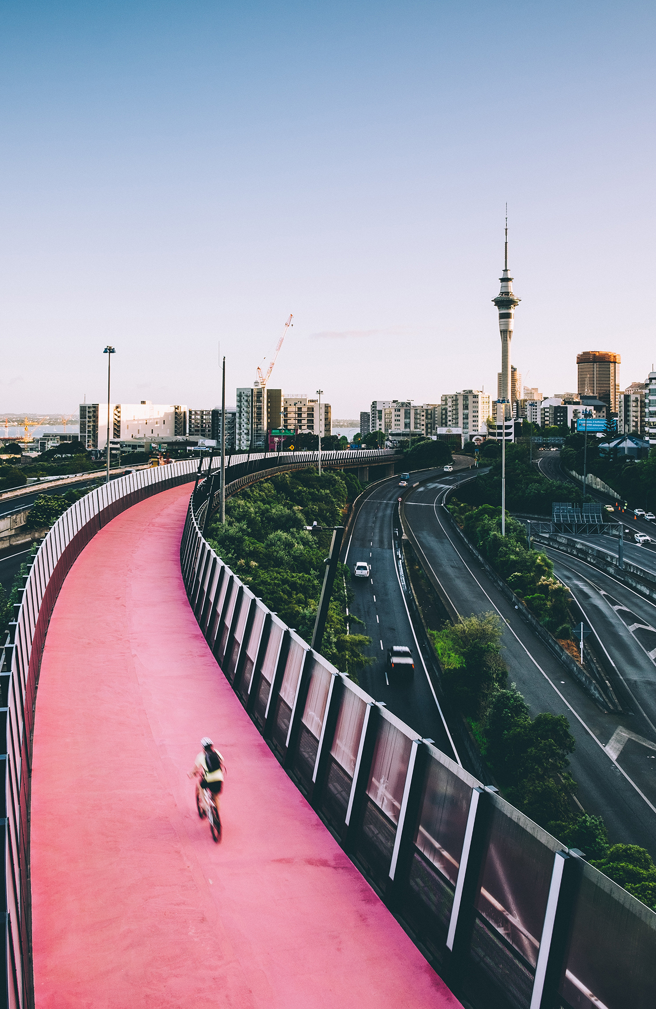 Fietsbrug met zicht op Auckland