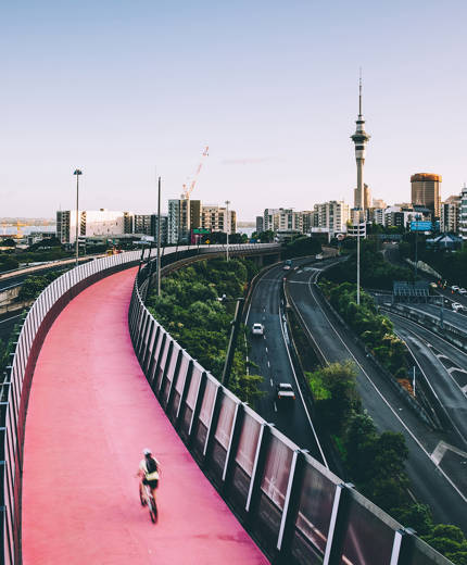 Fietsbrug met zicht op Auckland