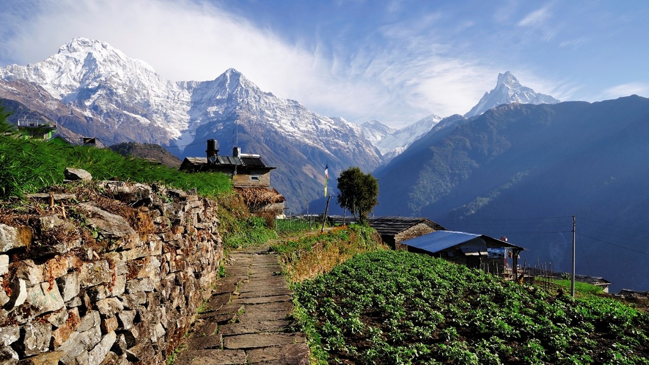 Annapurna village with the Himalayas in the background