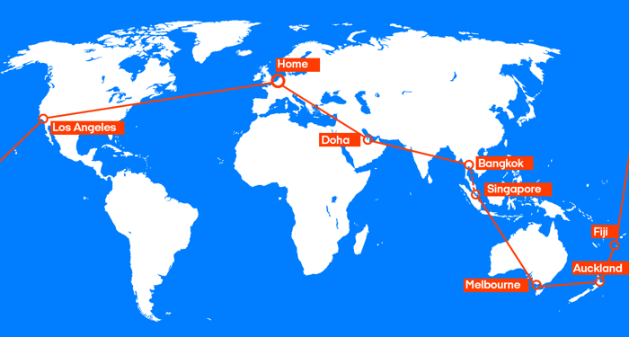 De route van het wereldticket | Thailand, Singapore, Australië, Fiji & Amerika