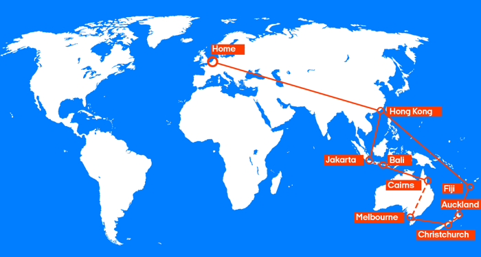De route van het combinatieticket | Indonesië, Australië, Nieuw-Zeeland en Fiji