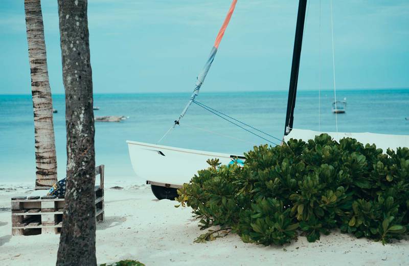Wit zandstrand met een boot en groene struiken, uitkijkend op een blauwe zee