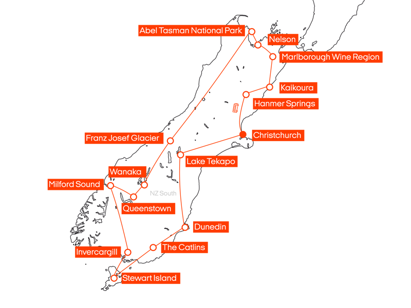 Reisroute langs het Zuidereiland van Nieuw-Zeeland met KILROY