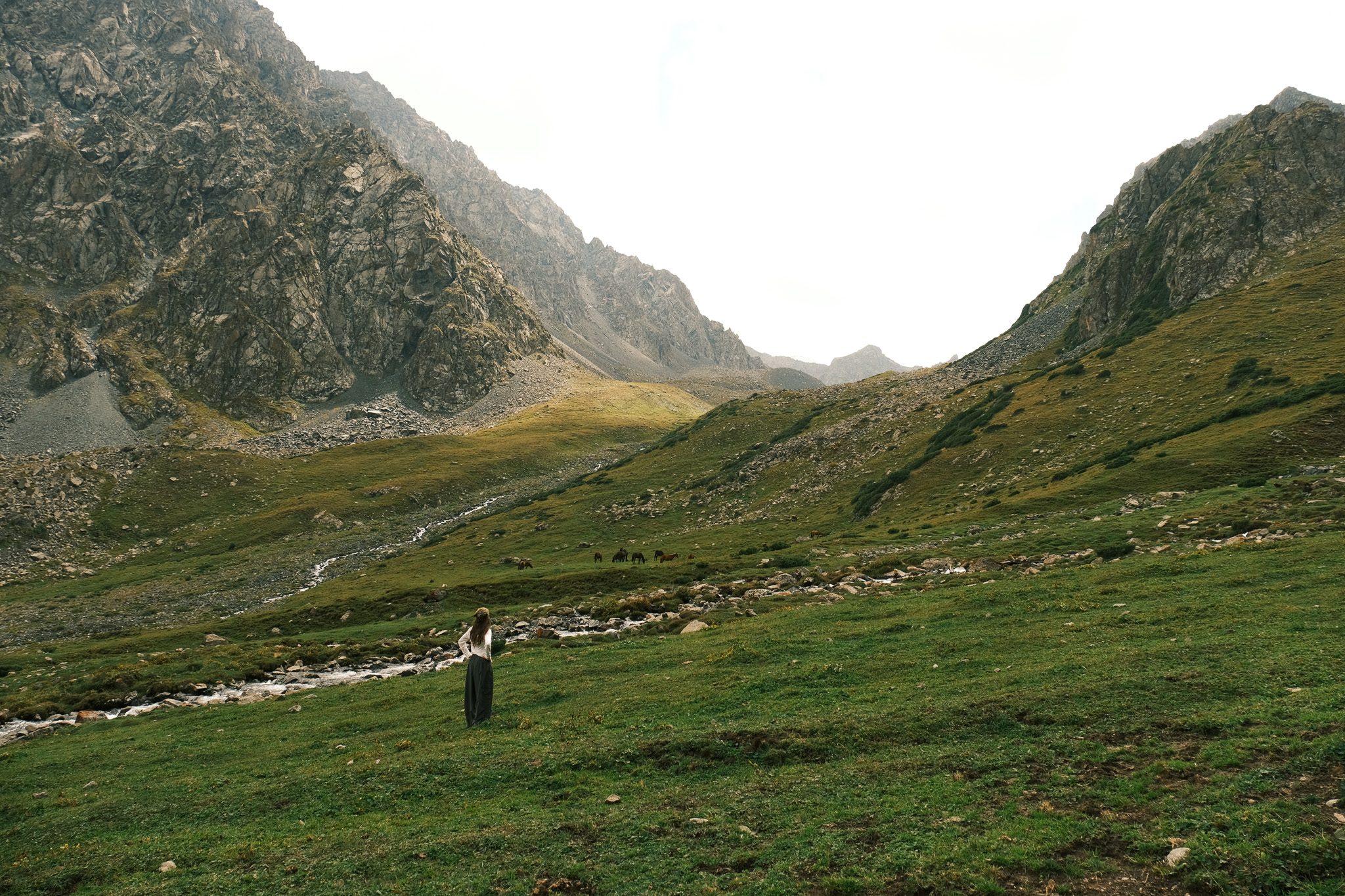 Een wandelaar staat in een groene bergvallei omgeven door ruige rots pieken in Kirgizië.