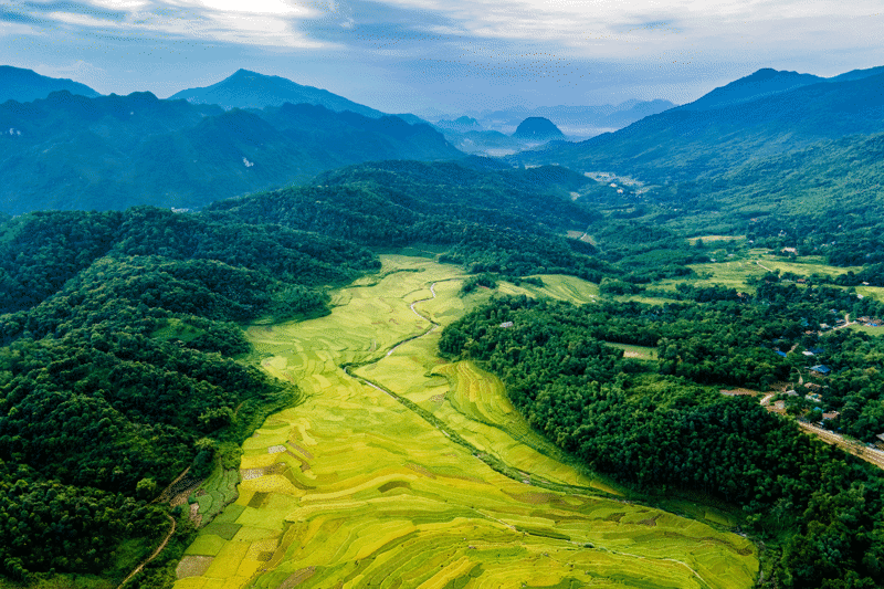 Groene bergen en rijstvelden in het Pu Luong natuurreservaat in Vietnam