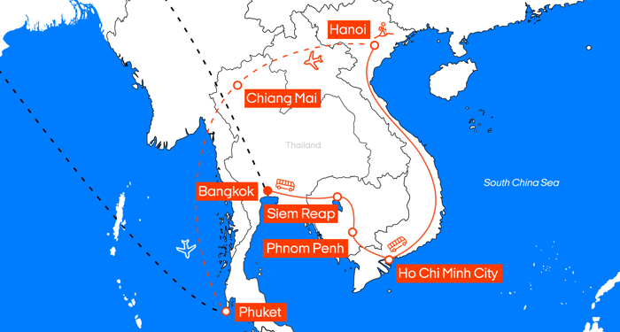 Rondreisroute door Thailand, Cambodja, Vietnam, Laos