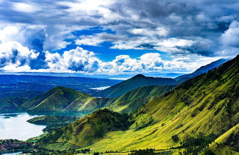 Green mountains and Lake Toba on Sumatra, Indonesia