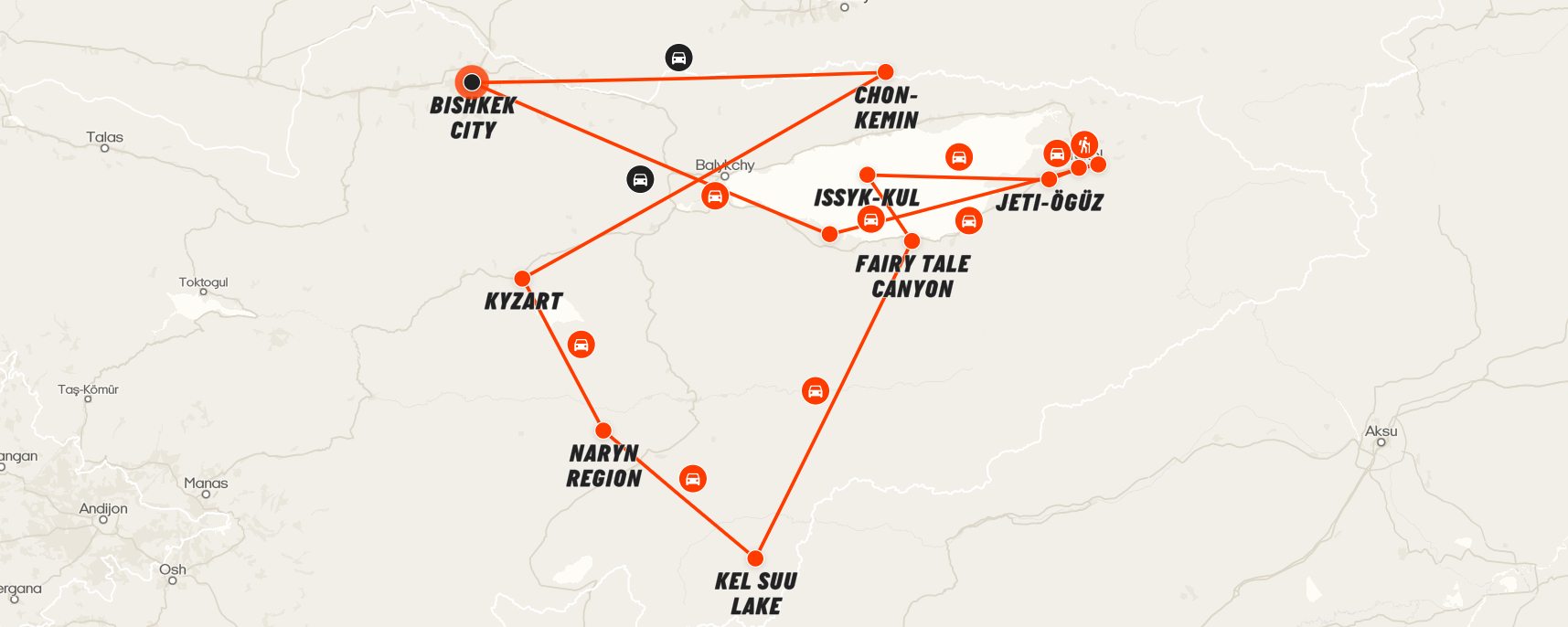Reisroute van een rondreis door Kirgizië met stops onder andere in Bishkek, Issyk-Kul en Kel Suu Lake.
